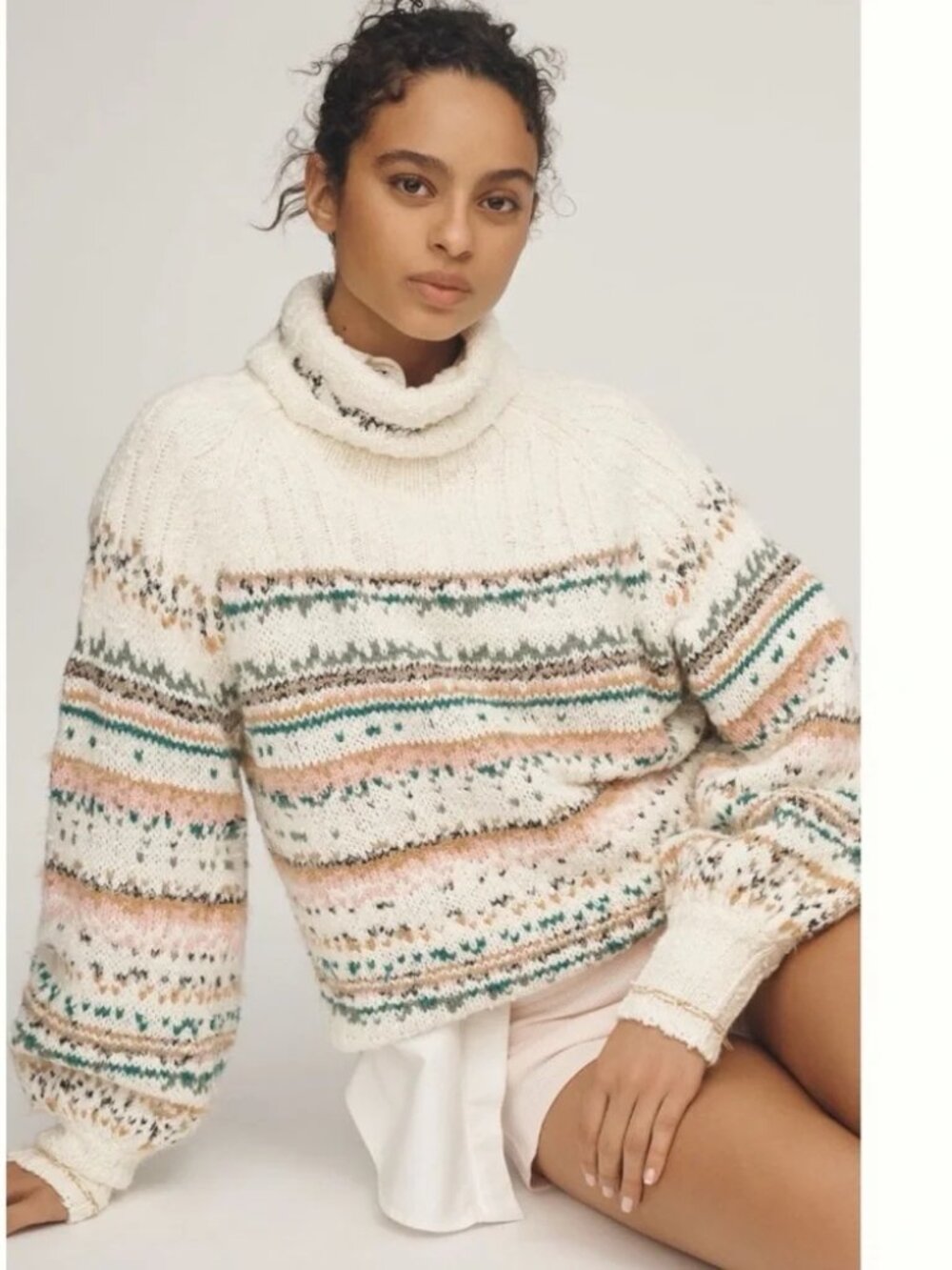Anthropologie Pilcro Lapland Chunky Knit Fair Isle Turtleneck Sweater Cream XXS